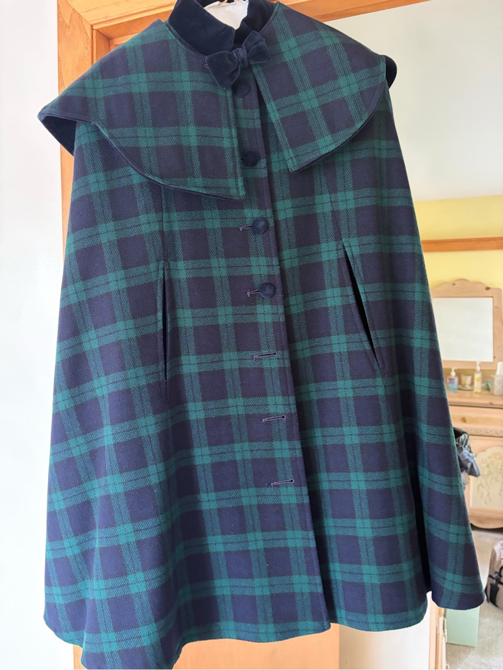 Vintage American Girl Navy and Green Plaid Cape with Bow Collar